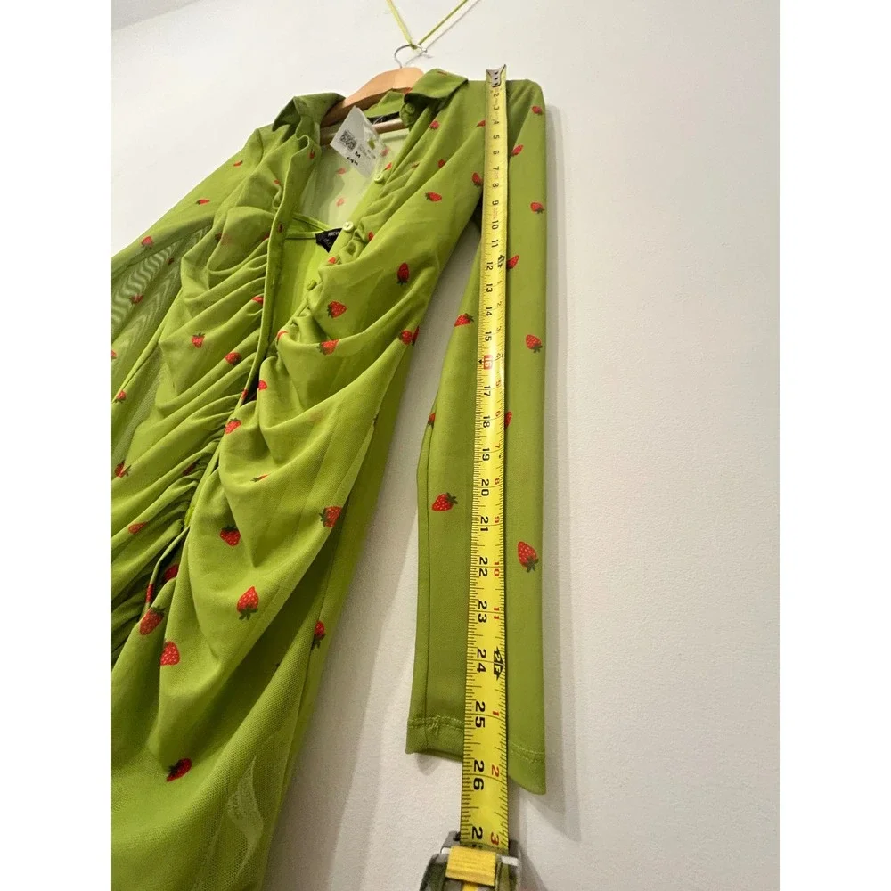 Forever 21 Strawberry Print Ruched Mesh Mini Dress Green Long Sleeve Medium NWT